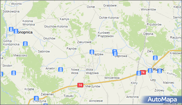 mapa Prądzew gmina Rusiec, Prądzew gmina Rusiec na mapie Targeo