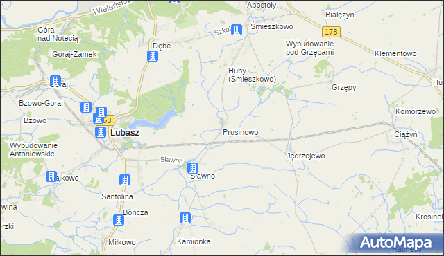 mapa Prusinowo gmina Lubasz, Prusinowo gmina Lubasz na mapie Targeo