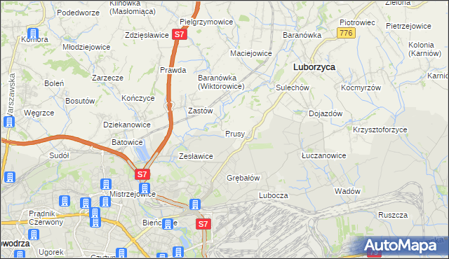 mapa Prusy gmina Kocmyrzów-Luborzyca, Prusy gmina Kocmyrzów-Luborzyca na mapie Targeo