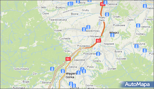 mapa Przybędza, Przybędza na mapie Targeo