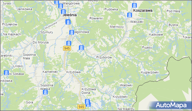 mapa Przyborów gmina Jeleśnia, Przyborów gmina Jeleśnia na mapie Targeo