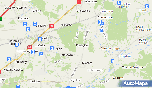 mapa Przybyłów gmina Kłomnice, Przybyłów gmina Kłomnice na mapie Targeo