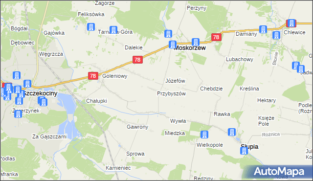 mapa Przybyszów gmina Moskorzew, Przybyszów gmina Moskorzew na mapie Targeo