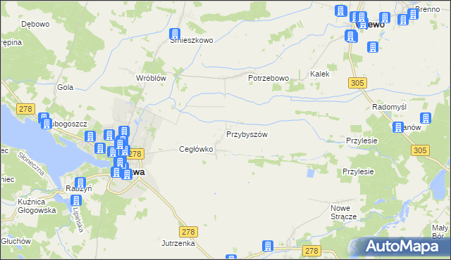 mapa Przybyszów gmina Sława, Przybyszów gmina Sława na mapie Targeo