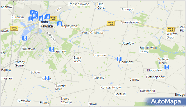 mapa Przyłuski gmina Biała Rawska, Przyłuski gmina Biała Rawska na mapie Targeo
