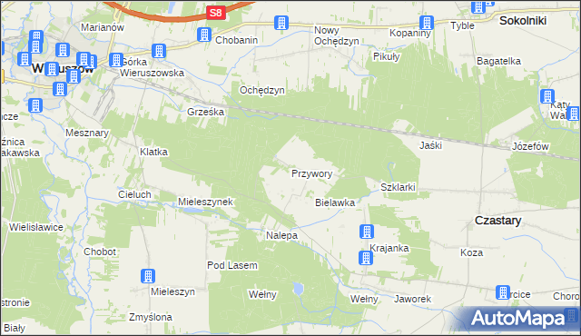 mapa Przywory gmina Czastary, Przywory gmina Czastary na mapie Targeo