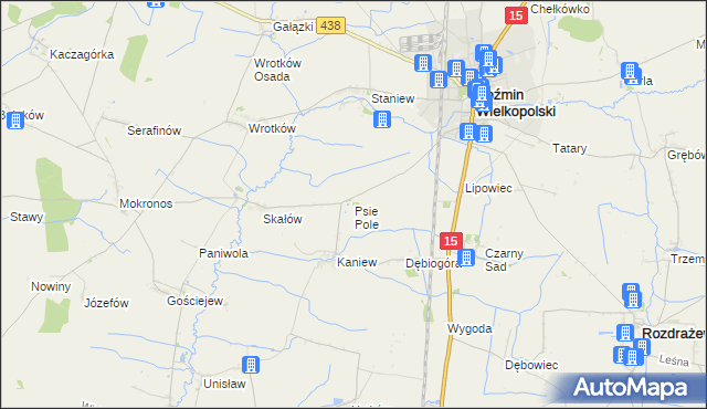 mapa Psie Pole gmina Koźmin Wielkopolski, Psie Pole gmina Koźmin Wielkopolski na mapie Targeo