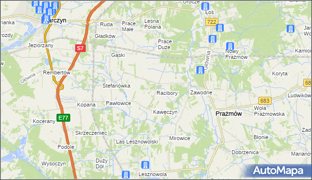 mapa Racibory gmina Tarczyn, Racibory gmina Tarczyn na mapie Targeo