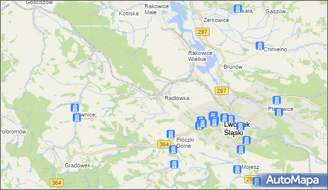 mapa Radłówka gmina Lwówek Śląski, Radłówka gmina Lwówek Śląski na mapie Targeo