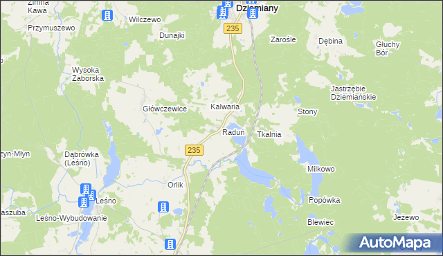 mapa Raduń gmina Dziemiany, Raduń gmina Dziemiany na mapie Targeo