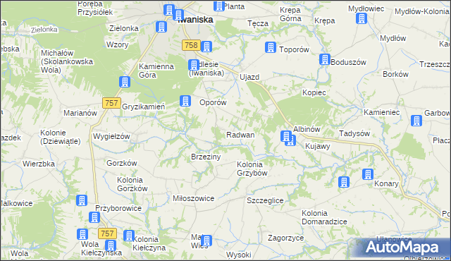 mapa Radwan gmina Iwaniska, Radwan gmina Iwaniska na mapie Targeo