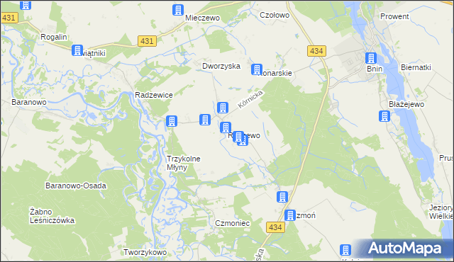 mapa Radzewo gmina Kórnik, Radzewo gmina Kórnik na mapie Targeo