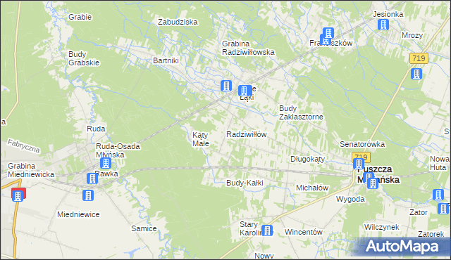 mapa Radziwiłłów gmina Puszcza Mariańska, Radziwiłłów gmina Puszcza Mariańska na mapie Targeo