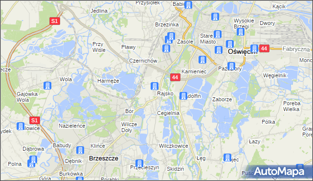 mapa Rajsko gmina Oświęcim, Rajsko gmina Oświęcim na mapie Targeo