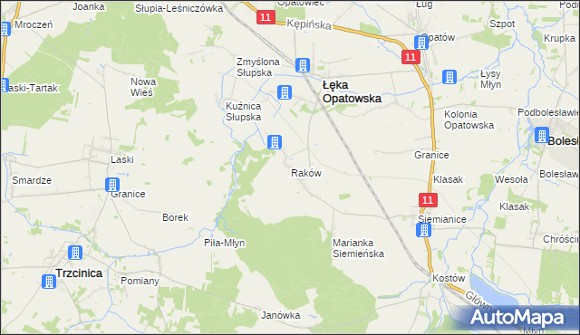 mapa Raków gmina Łęka Opatowska, Raków gmina Łęka Opatowska na mapie Targeo