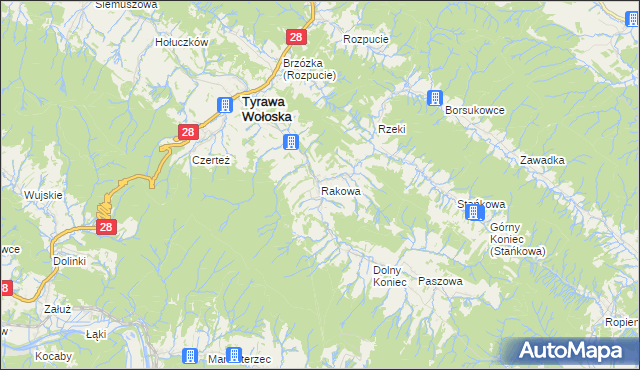 mapa Rakowa gmina Tyrawa Wołoska, Rakowa gmina Tyrawa Wołoska na mapie Targeo