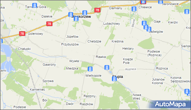 mapa Rawka gmina Słupia, Rawka gmina Słupia na mapie Targeo