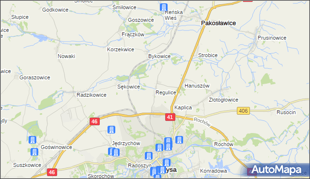 mapa Regulice gmina Nysa, Regulice gmina Nysa na mapie Targeo