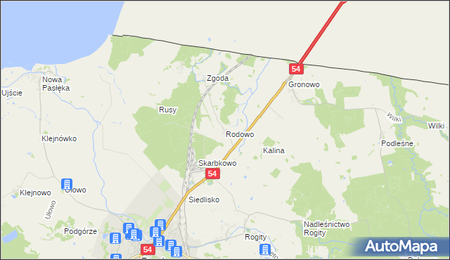 mapa Rodowo gmina Braniewo, Rodowo gmina Braniewo na mapie Targeo