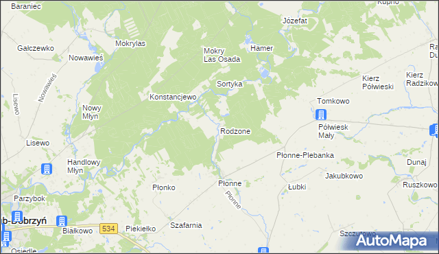 mapa Rodzone gmina Radomin, Rodzone gmina Radomin na mapie Targeo