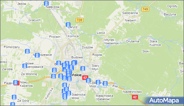 mapa Rogów gmina Końskie, Rogów gmina Końskie na mapie Targeo