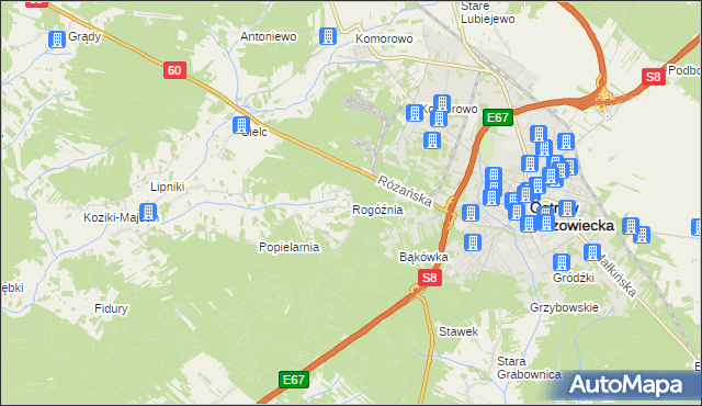 mapa Rogóźnia gmina Ostrów Mazowiecka, Rogóźnia gmina Ostrów Mazowiecka na mapie Targeo