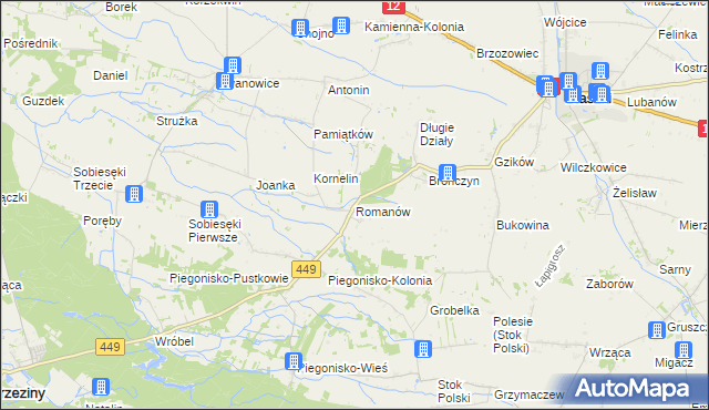 mapa Romanów gmina Błaszki, Romanów gmina Błaszki na mapie Targeo