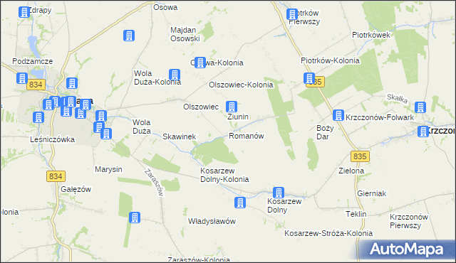 mapa Romanów gmina Bychawa, Romanów gmina Bychawa na mapie Targeo