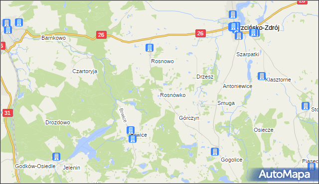 mapa Rosnówko gmina Trzcińsko-Zdrój, Rosnówko gmina Trzcińsko-Zdrój na mapie Targeo