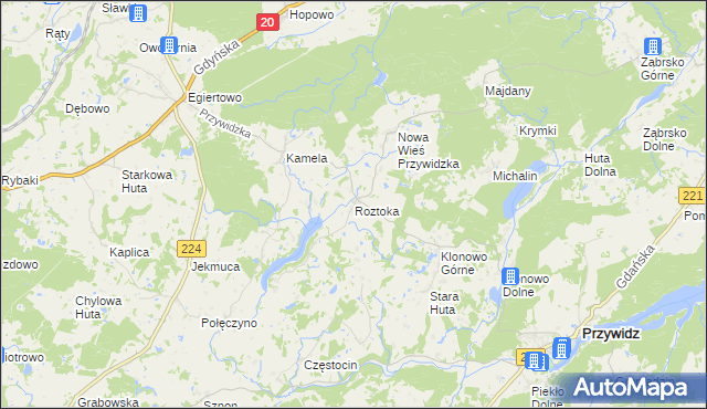 mapa Roztoka gmina Przywidz, Roztoka gmina Przywidz na mapie Targeo