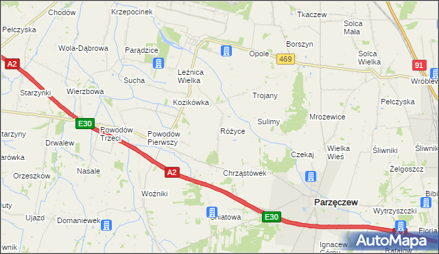 mapa Różyce gmina Parzęczew, Różyce gmina Parzęczew na mapie Targeo