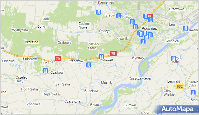 mapa Ruszcza gmina Połaniec, Ruszcza gmina Połaniec na mapie Targeo