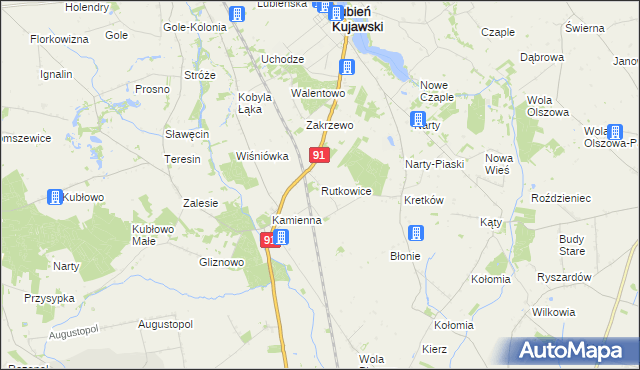 mapa Rutkowice gmina Lubień Kujawski, Rutkowice gmina Lubień Kujawski na mapie Targeo