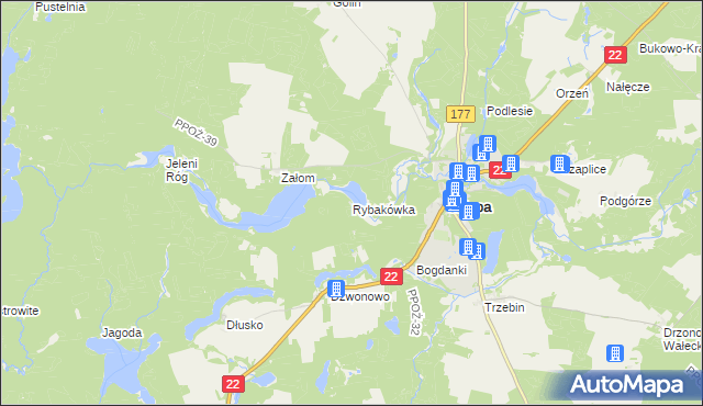 mapa Rybakówka gmina Człopa, Rybakówka gmina Człopa na mapie Targeo