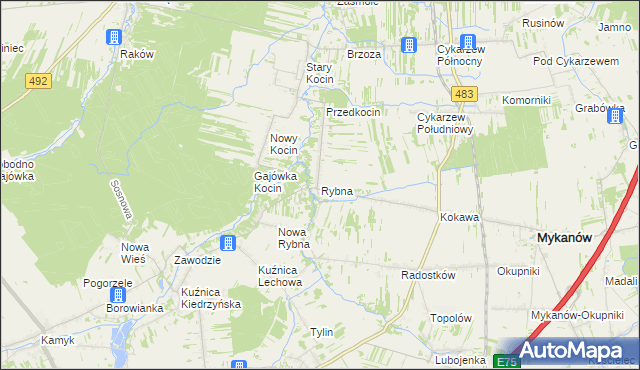 mapa Rybna gmina Mykanów, Rybna gmina Mykanów na mapie Targeo
