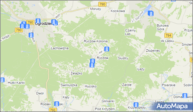 mapa Ryczów gmina Ogrodzieniec, Ryczów gmina Ogrodzieniec na mapie Targeo