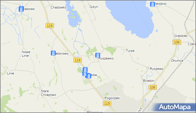 mapa Ryszewko gmina Pyrzyce, Ryszewko gmina Pyrzyce na mapie Targeo