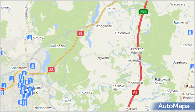 mapa Rywałd gmina Starogard Gdański, Rywałd gmina Starogard Gdański na mapie Targeo