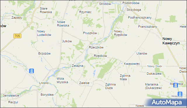 mapa Rzędków gmina Nowy Kawęczyn, Rzędków gmina Nowy Kawęczyn na mapie Targeo