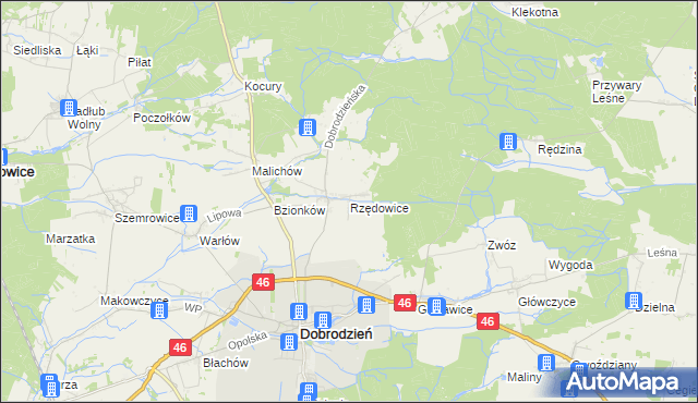 mapa Rzędowice gmina Dobrodzień, Rzędowice gmina Dobrodzień na mapie Targeo