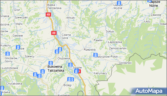 mapa Rzepiska gmina Bukowina Tatrzańska, Rzepiska gmina Bukowina Tatrzańska na mapie Targeo