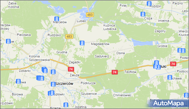 mapa Sadykierz gmina Szczerców, Sadykierz gmina Szczerców na mapie Targeo