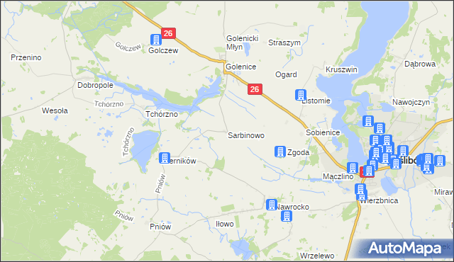 mapa Sarbinowo gmina Myślibórz, Sarbinowo gmina Myślibórz na mapie Targeo