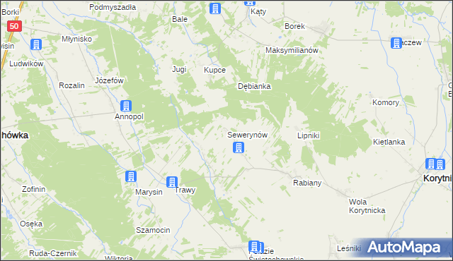 mapa Sewerynów gmina Korytnica, Sewerynów gmina Korytnica na mapie Targeo