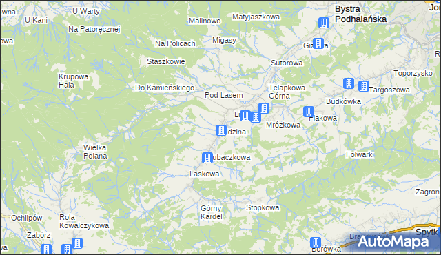 mapa Sidzina gmina Bystra-Sidzina, Sidzina gmina Bystra-Sidzina na mapie Targeo