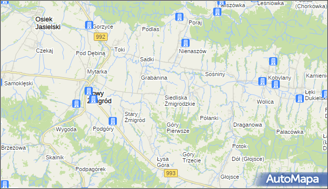 mapa Siedliska Żmigrodzkie, Siedliska Żmigrodzkie na mapie Targeo