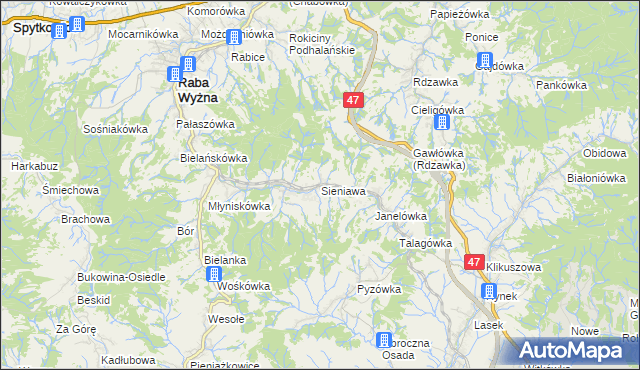 mapa Sieniawa gmina Raba Wyżna, Sieniawa gmina Raba Wyżna na mapie Targeo