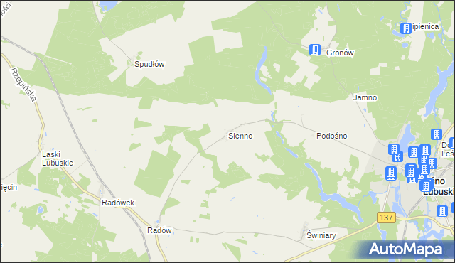 mapa Sienno gmina Ośno Lubuskie, Sienno gmina Ośno Lubuskie na mapie Targeo