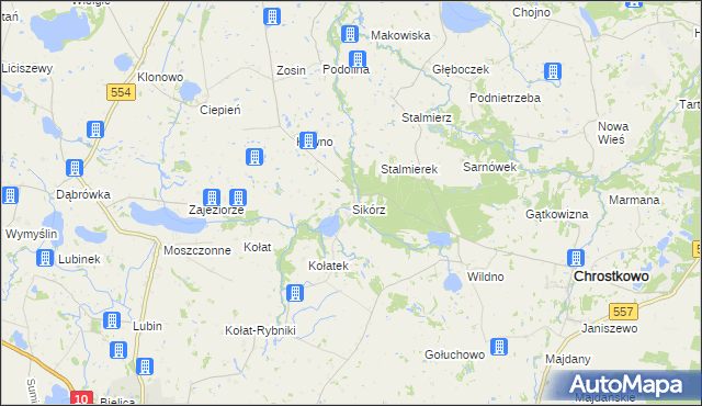 mapa Sikórz gmina Chrostkowo, Sikórz gmina Chrostkowo na mapie Targeo