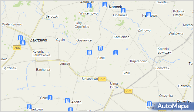 mapa Sinki gmina Zakrzewo, Sinki gmina Zakrzewo na mapie Targeo